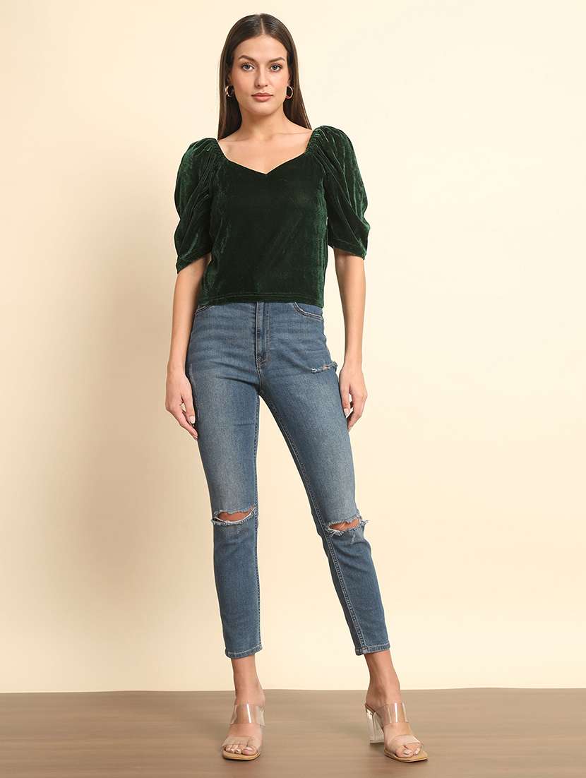solid green puff sleeves regular top - 20627316 - Standard Image - 3