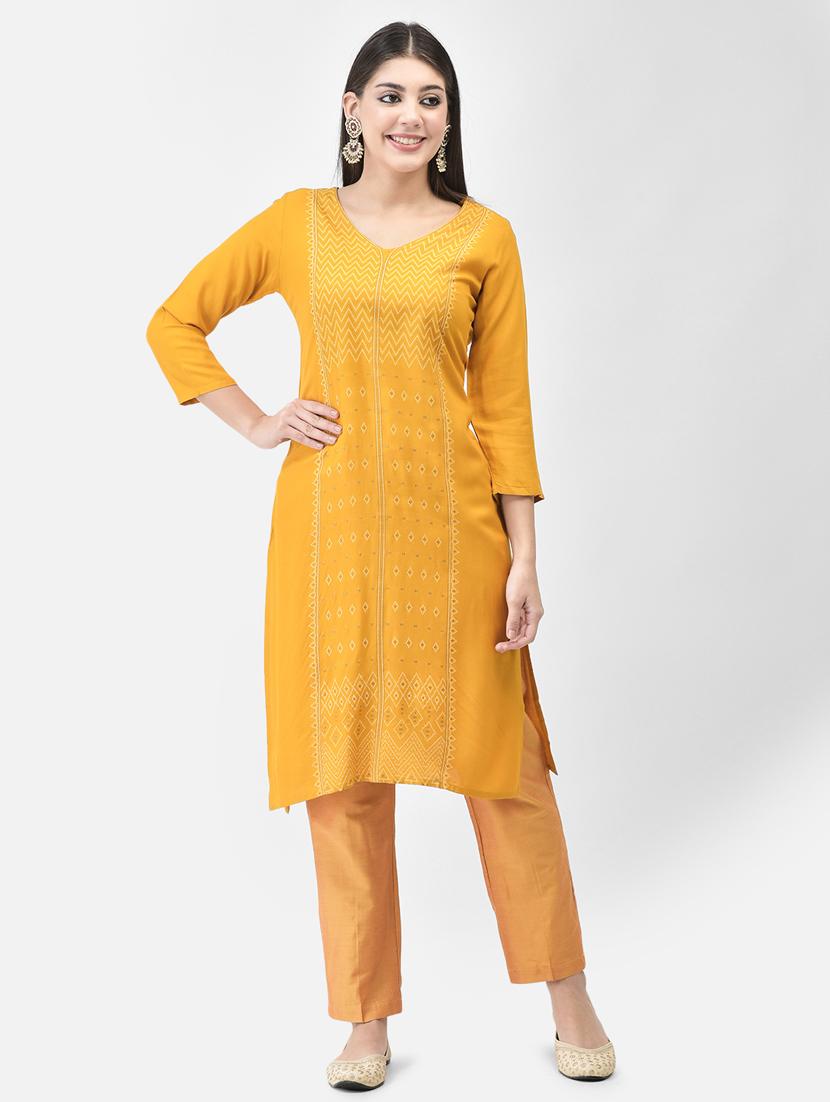 women yellow v-neck straight kurta - 20627473 - Zoom Image - 0