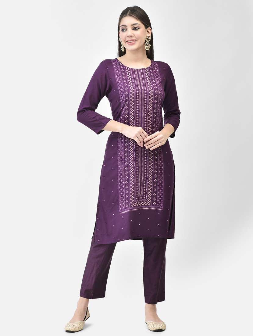 women purple round neck straight kurta