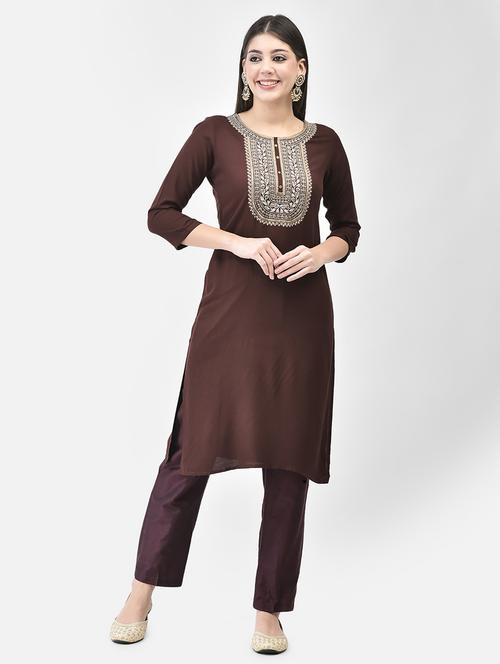 women brown round neck straight kurta - 20627477 -  Standard Image - 0