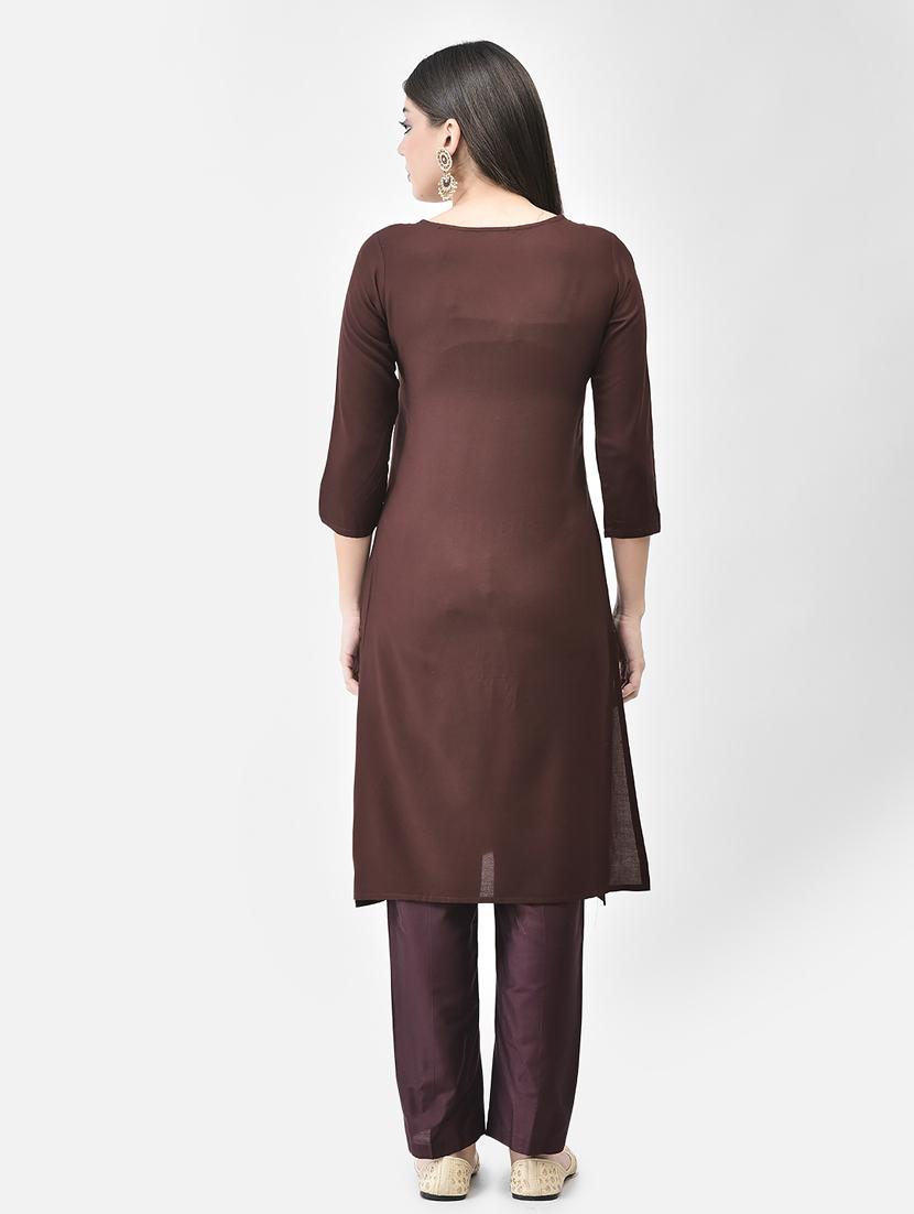 women brown round neck straight kurta - 20627477 - Standard Image - 3
