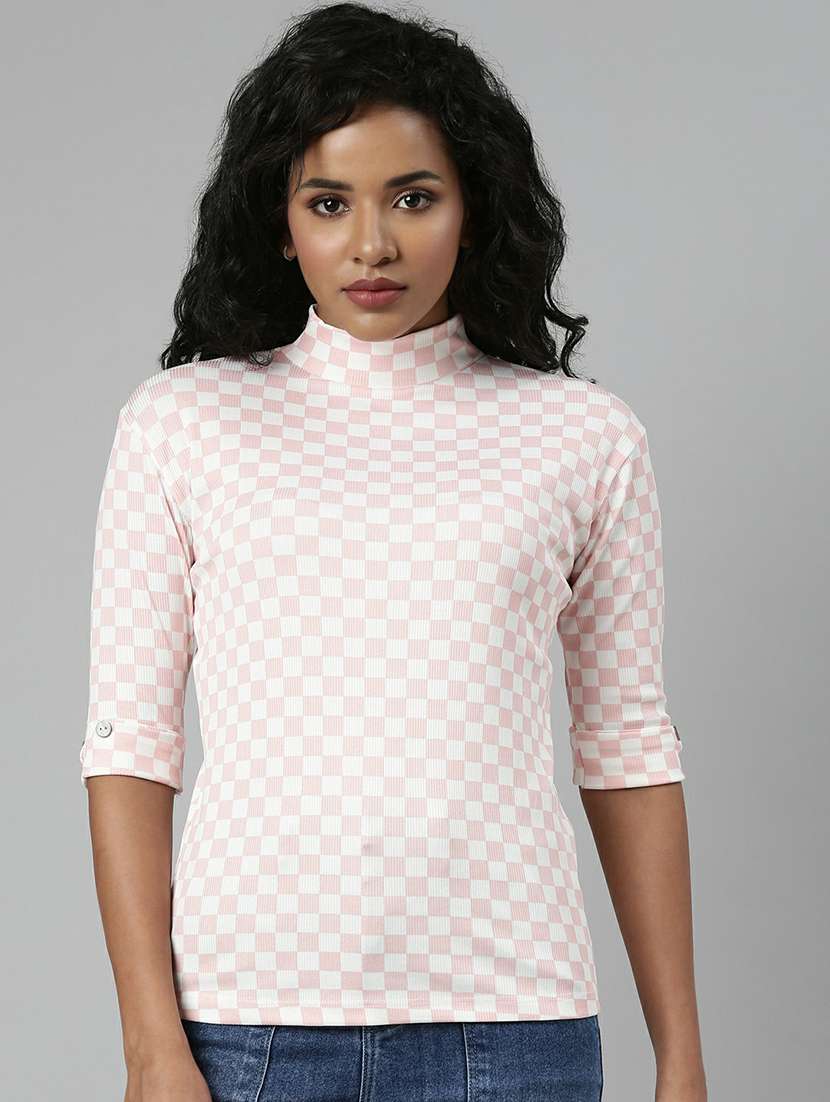 pink & white checked high neck casual top