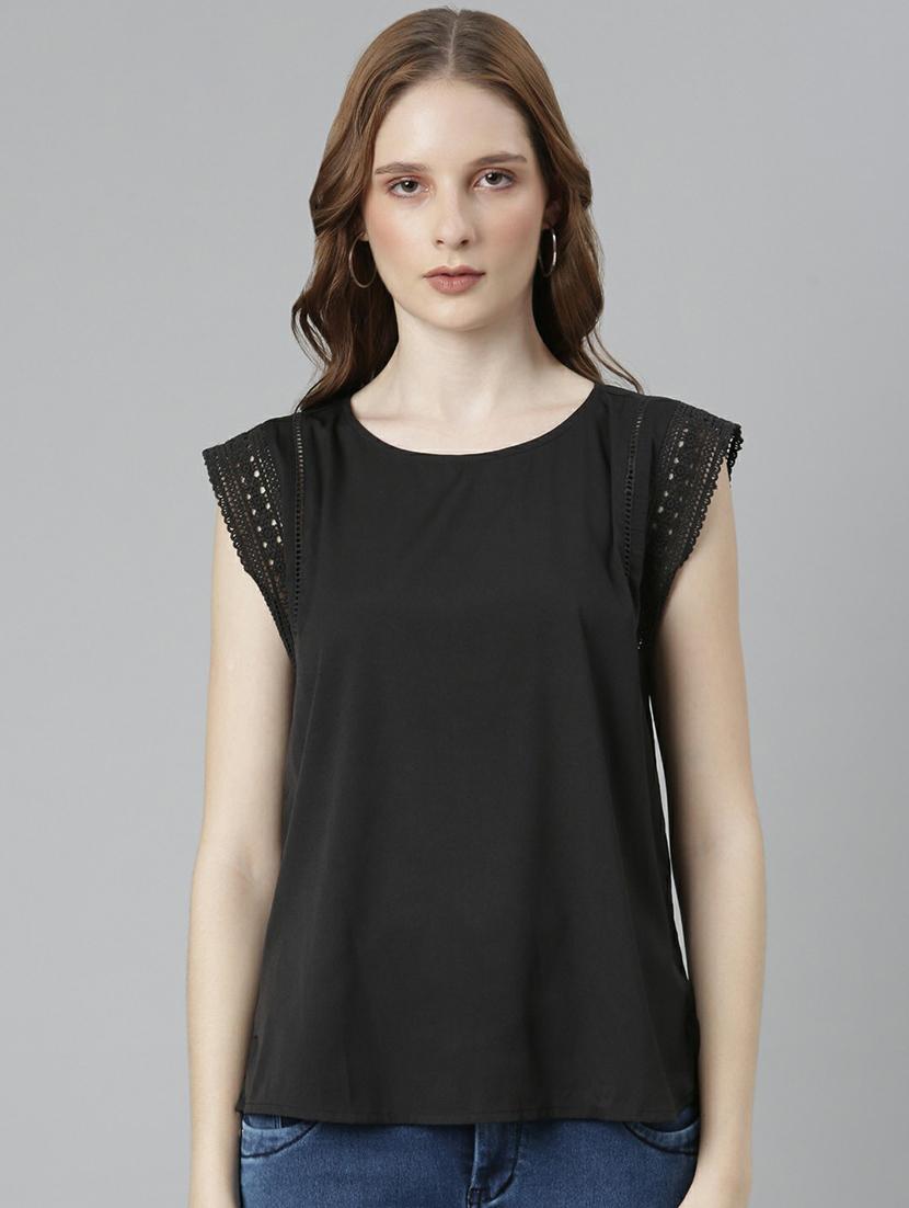 solid black lace detailed sleeves casual top - 20627919 - Zoom Image - 0