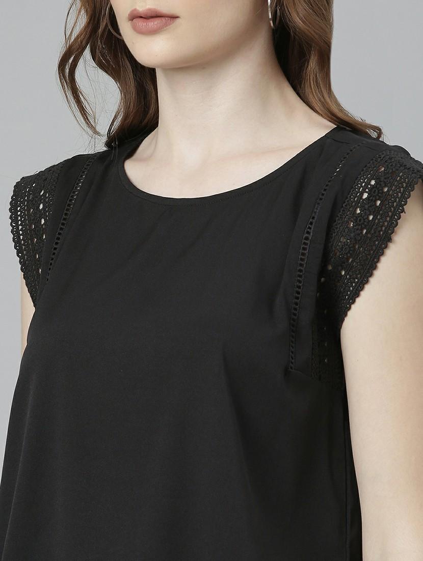 solid black lace detailed sleeves casual top - 20627919 - Standard Image - 5