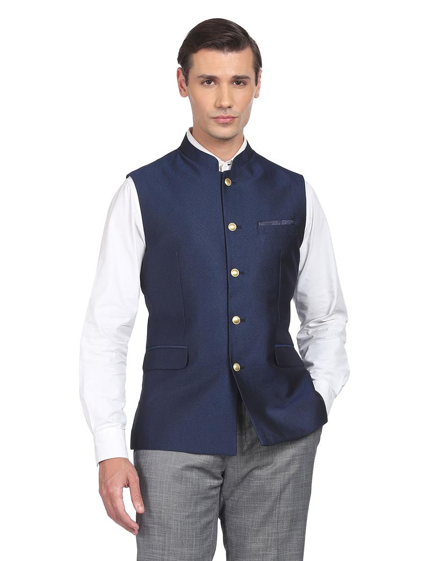navy blue cotton nehru jacket - 20632788 -  Zoom Image - 0