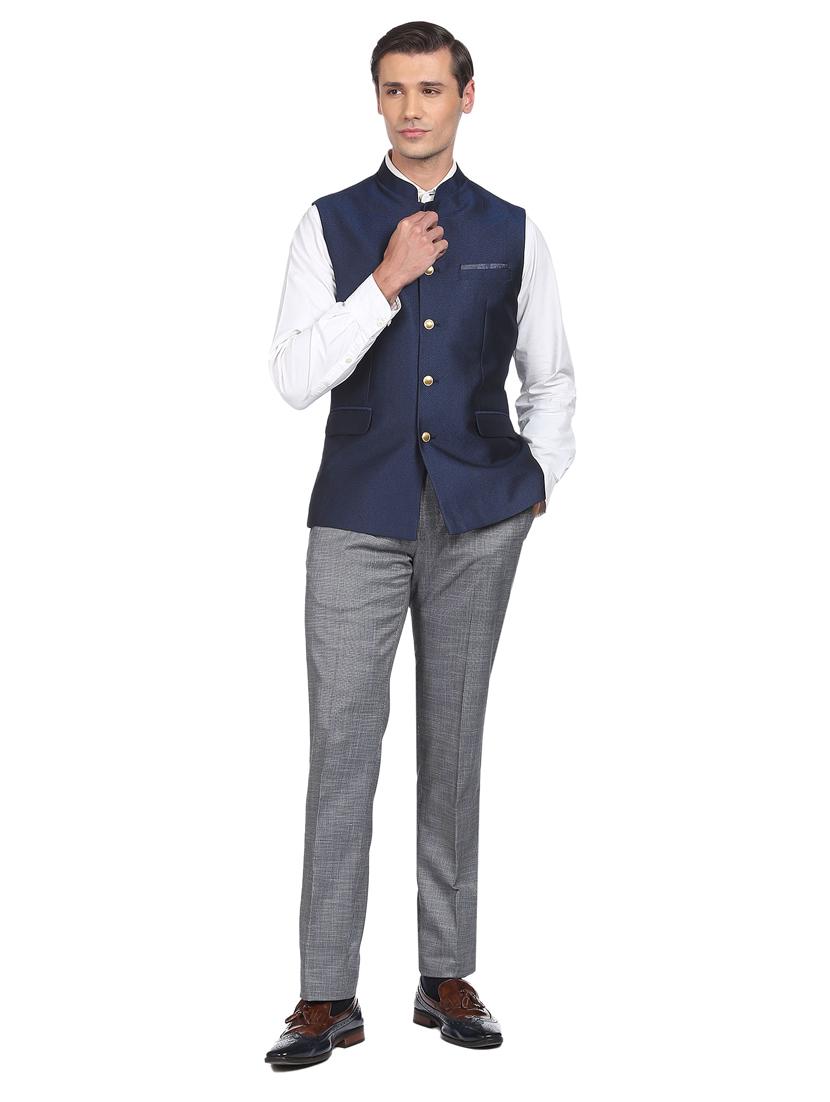 navy blue cotton nehru jacket - 20632788 - Standard Image - 3