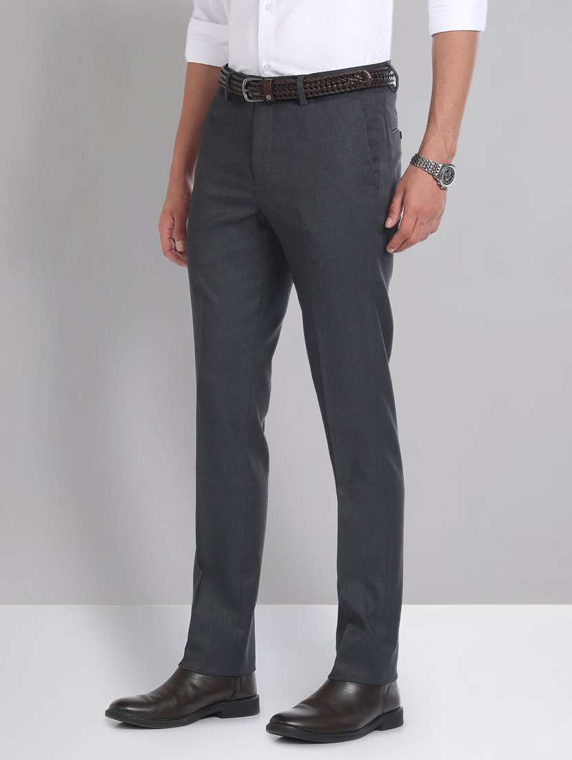 Grey Polyester Flat Front Formal Trouser