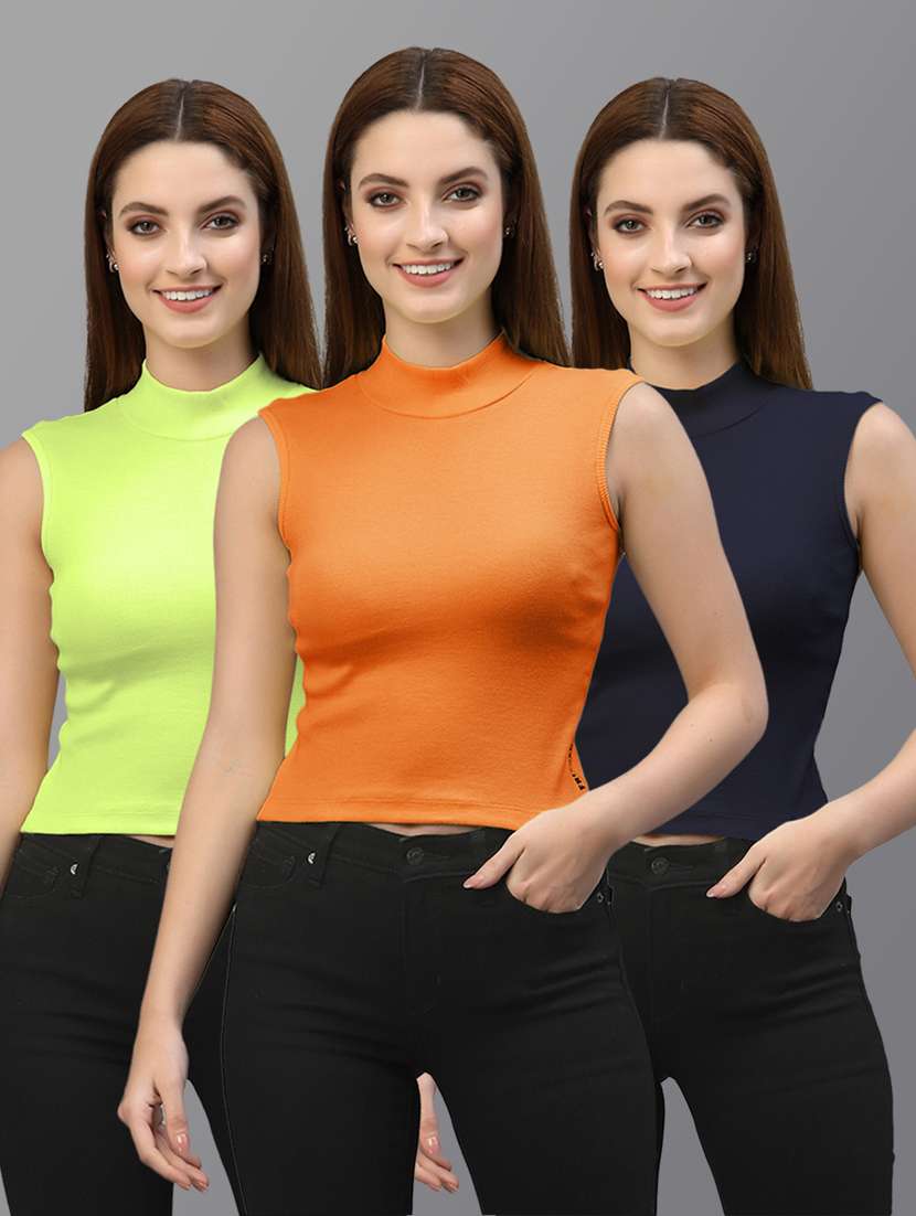 pack of 3 solid multi colored crop top - 20643966 - Zoom Image - 0