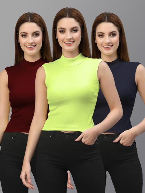 women set of 3 multi colored turtle neck crop tops - 20643969 - Standard Image - 0