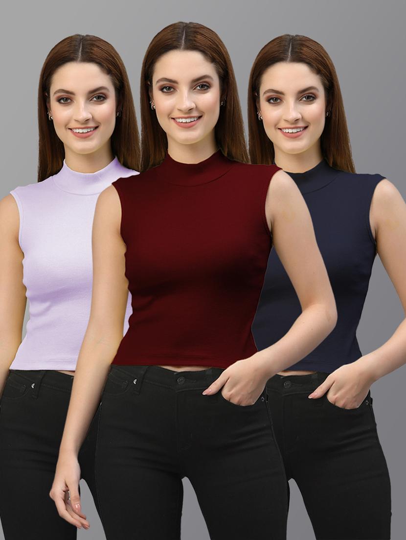 pack of 3 solid multi colored crop top - 20643971 - Zoom Image - 0
