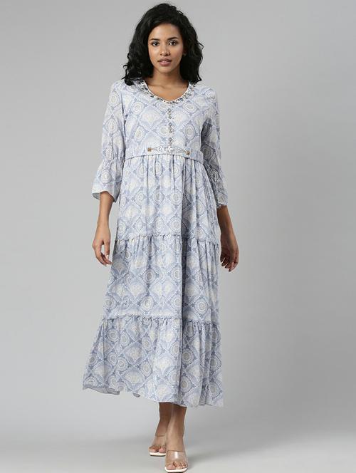 women blue printed v-neck tiered midi dress - 20643992 -  Standard Image - 0