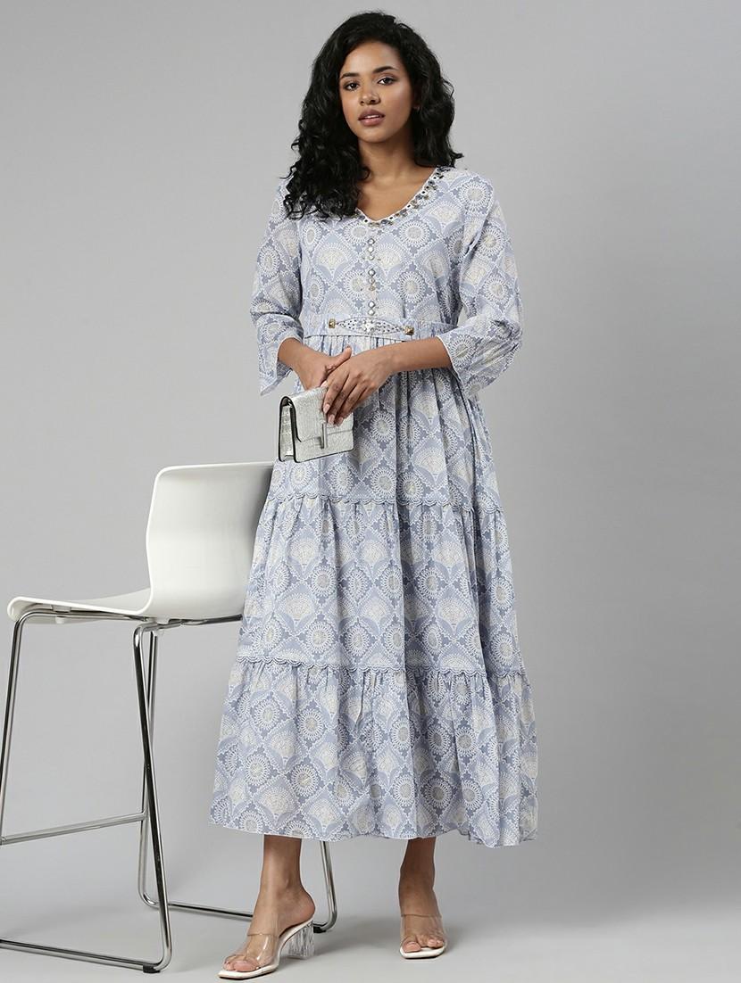 women blue printed v-neck tiered midi dress - 20643992 - Standard Image - 3