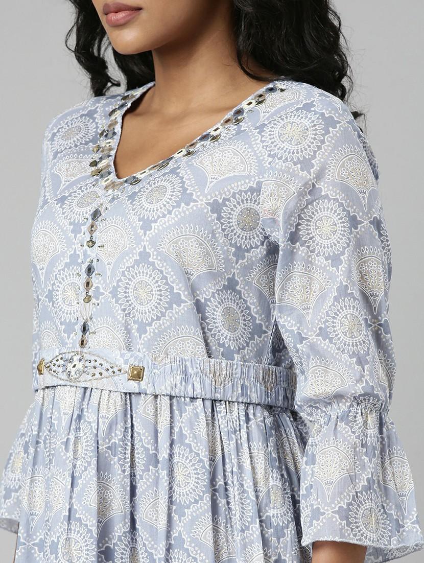 women blue printed v-neck tiered midi dress - 20643992 - Standard Image - 5