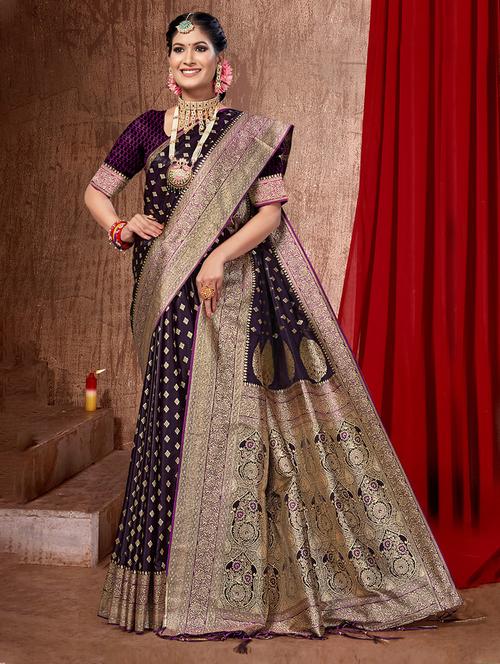 purple self design banarasi saree with blouse - 20644140 -  Standard Image - 0