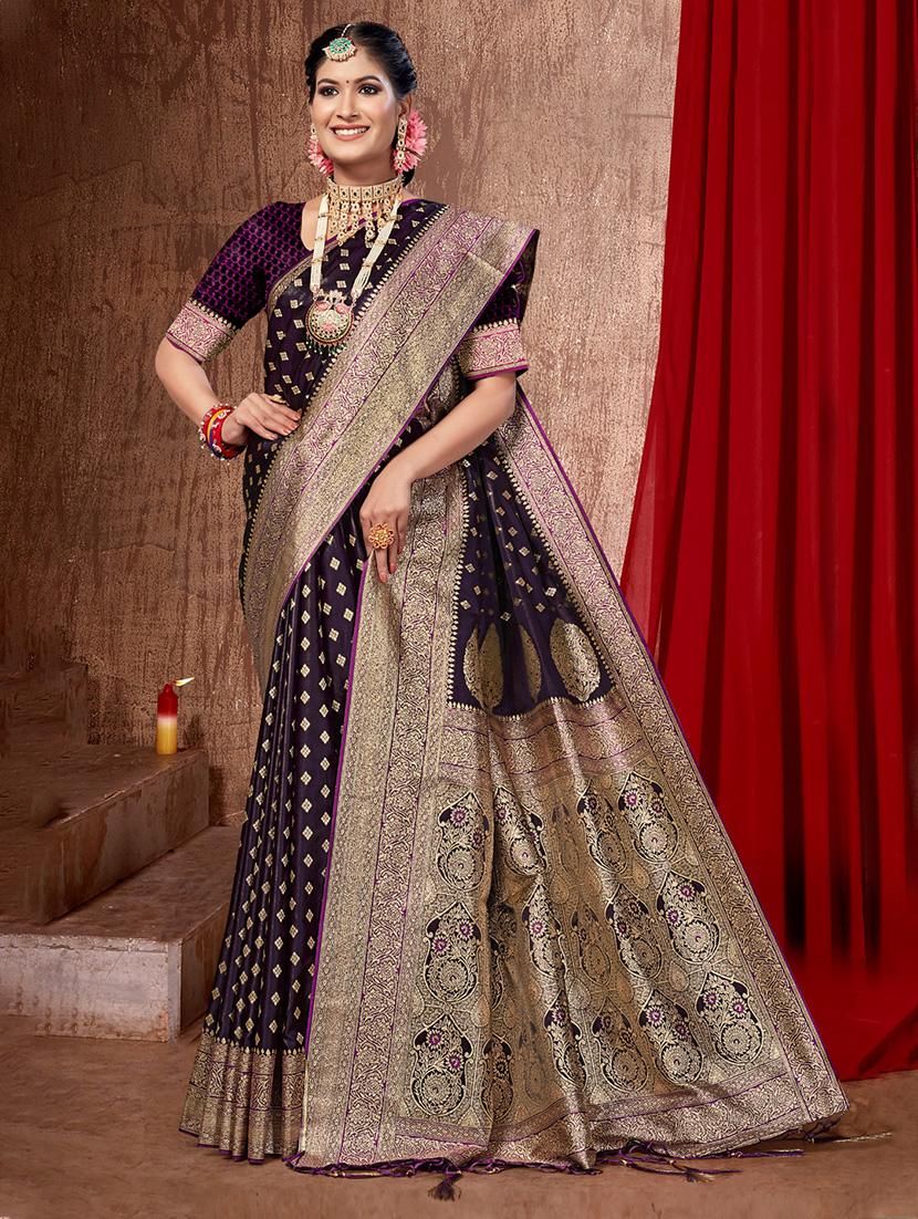 purple self design banarasi saree with blouse - 20644140 -  Zoom Image - 0