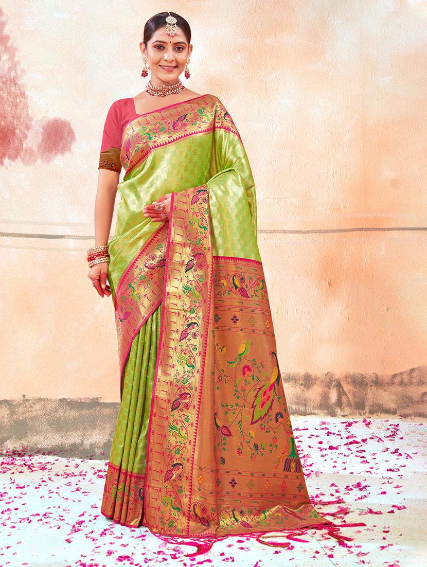 green self design banarasi saree with blouse - 20644180 - Zoom Image - 0