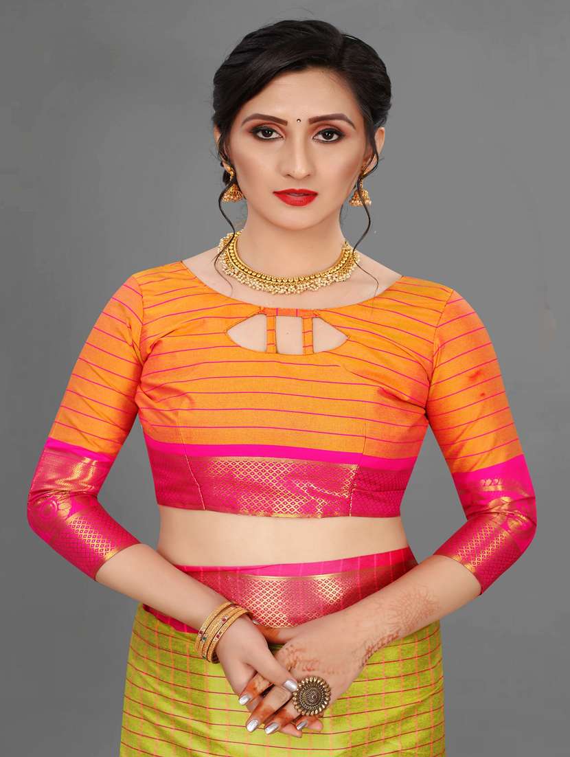 Women Green Stripes Zari Work Bordered Saree With Blouse
