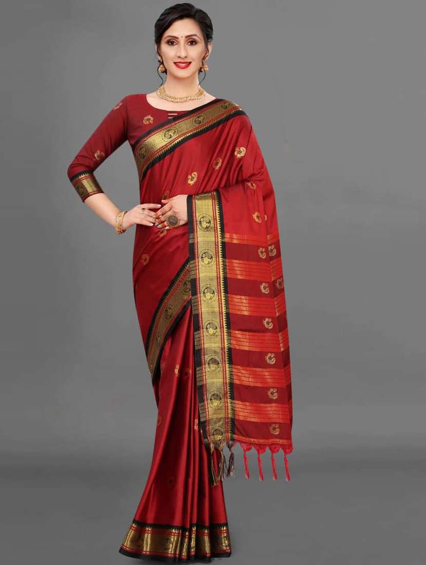 women maroon self design banarasi saree with blouse - 20644346 - Zoom Image - 0