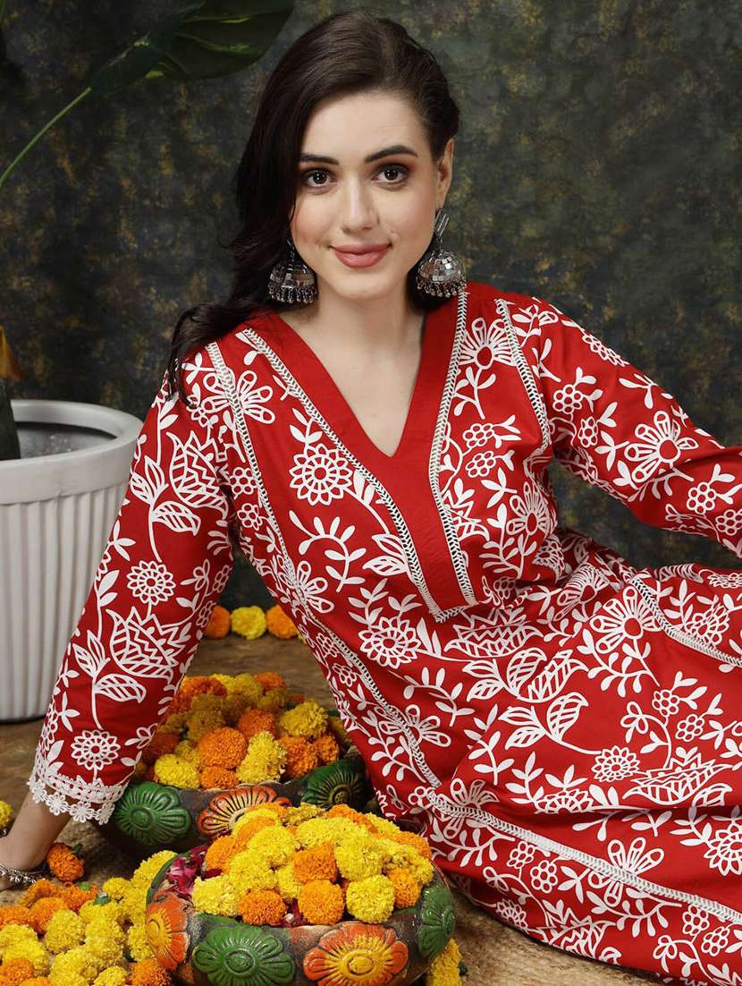 women v-neck floral printed straight kurta - 20644366 -  Standard Image - 5