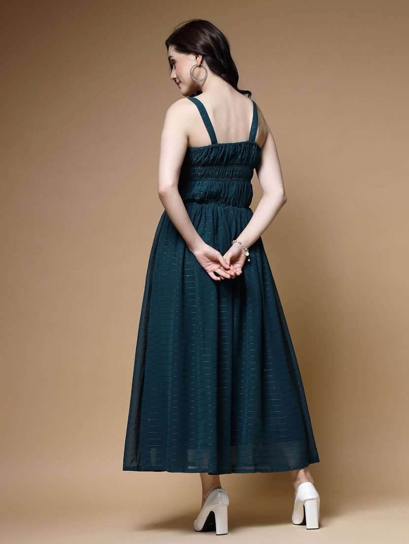 bottle green self design smocked maxi dress - 20644388 -  Standard Image - 3