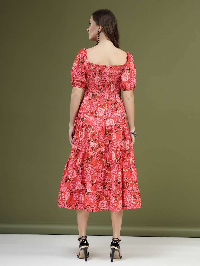 pink floral printed smocked detailed midi dress - 20644427 -  Standard Image - 3