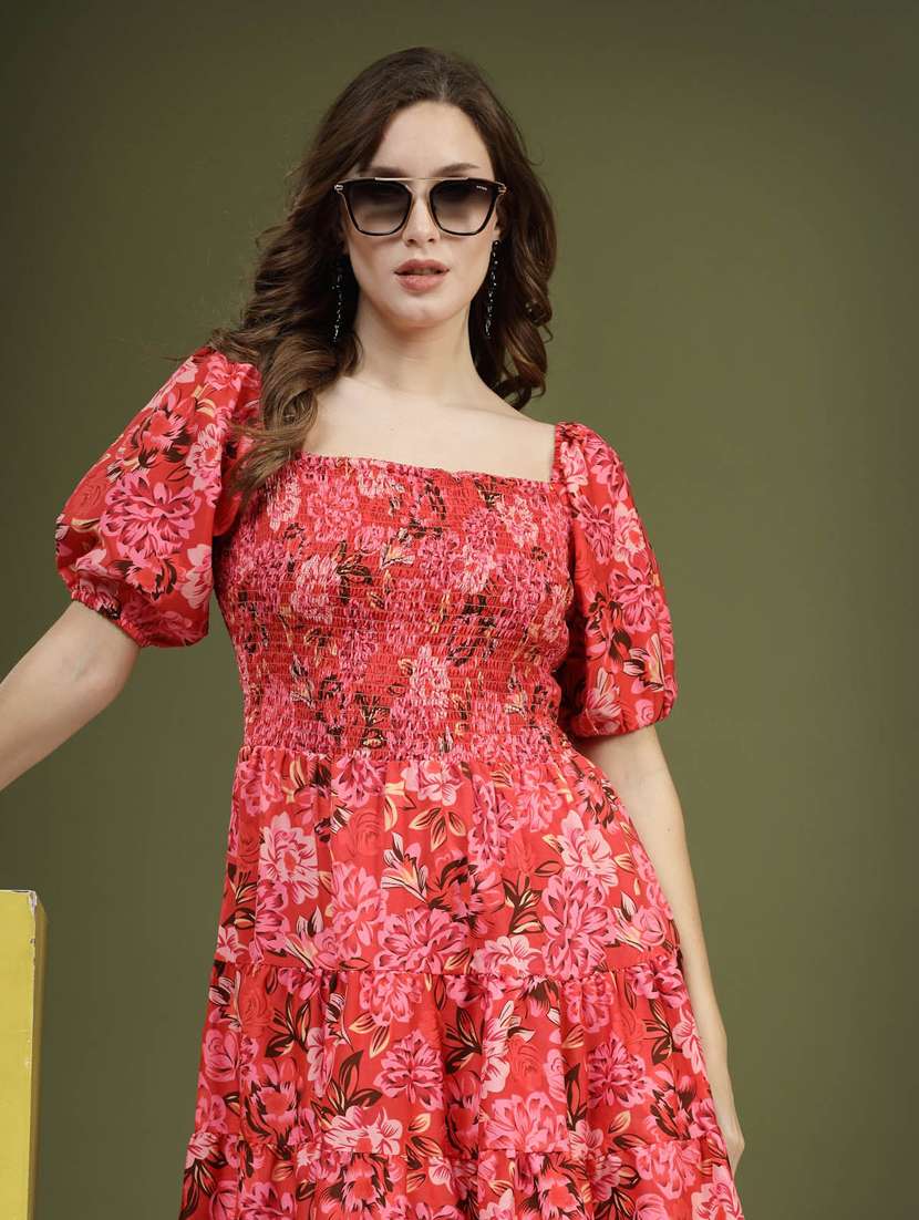 pink floral printed smocked detailed midi dress - 20644427 -  Standard Image - 5