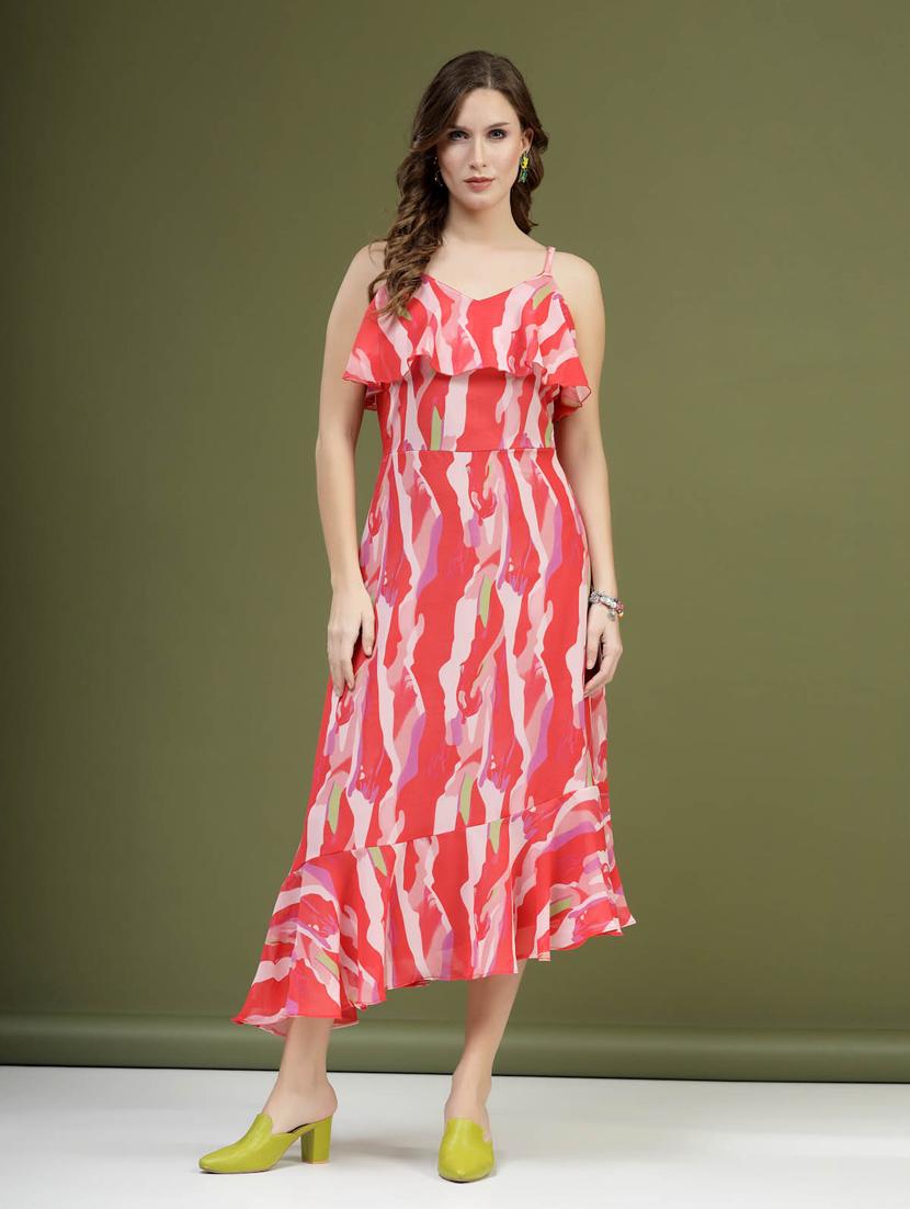 pink printed detailed asymmetric midi dress - 20644434 - Zoom Image - 0