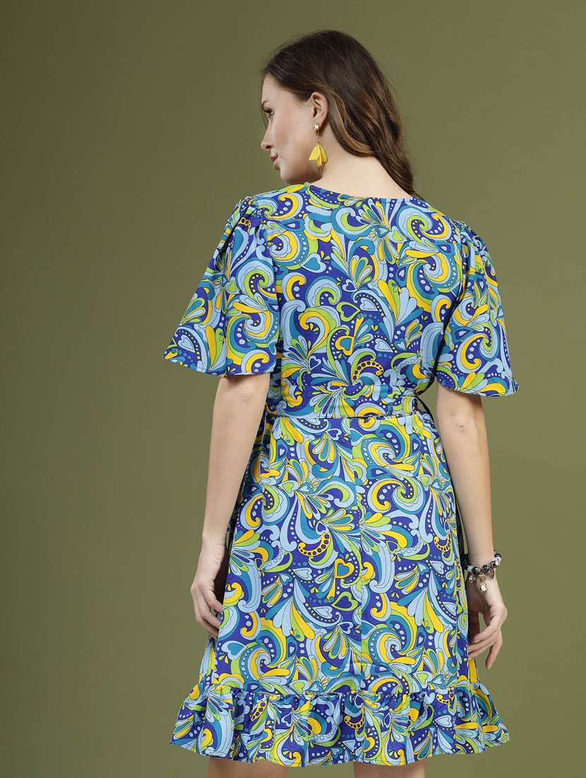 blue all over printed belt detailed a-line dress - 20644435 -  Standard Image - 3