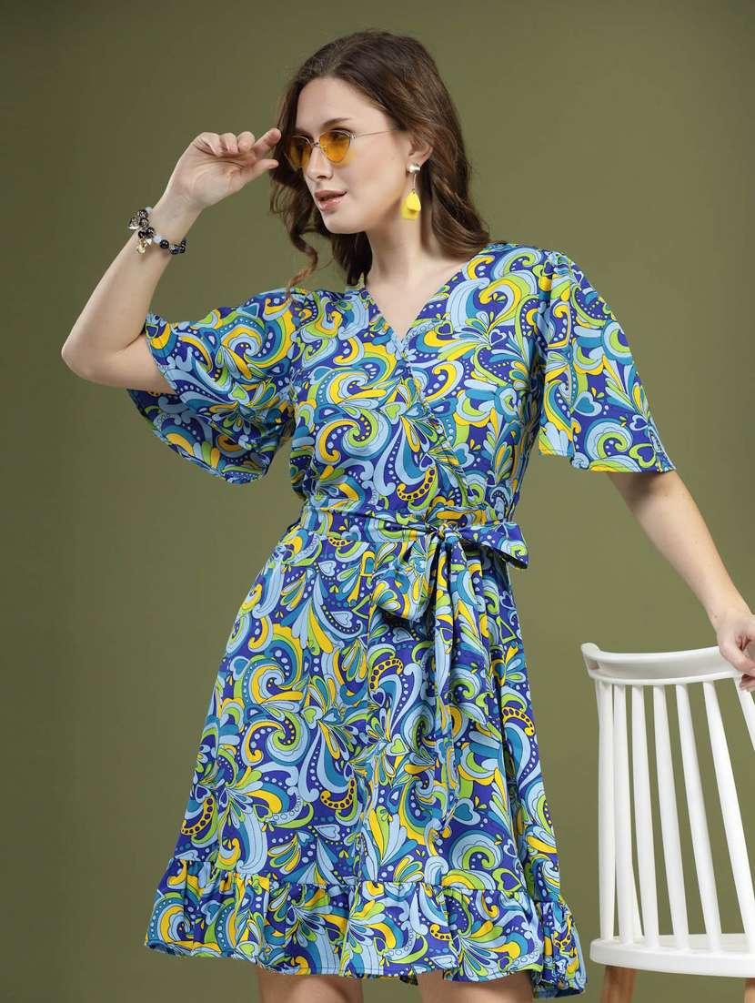blue all over printed belt detailed a-line dress - 20644435 -  Standard Image - 5