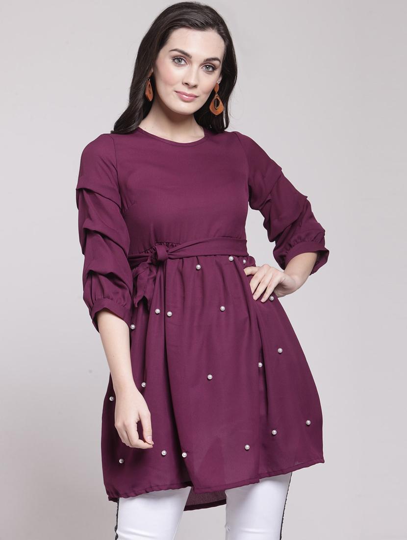 purple round neck a line tunic - 20644453 - Zoom Image - 0