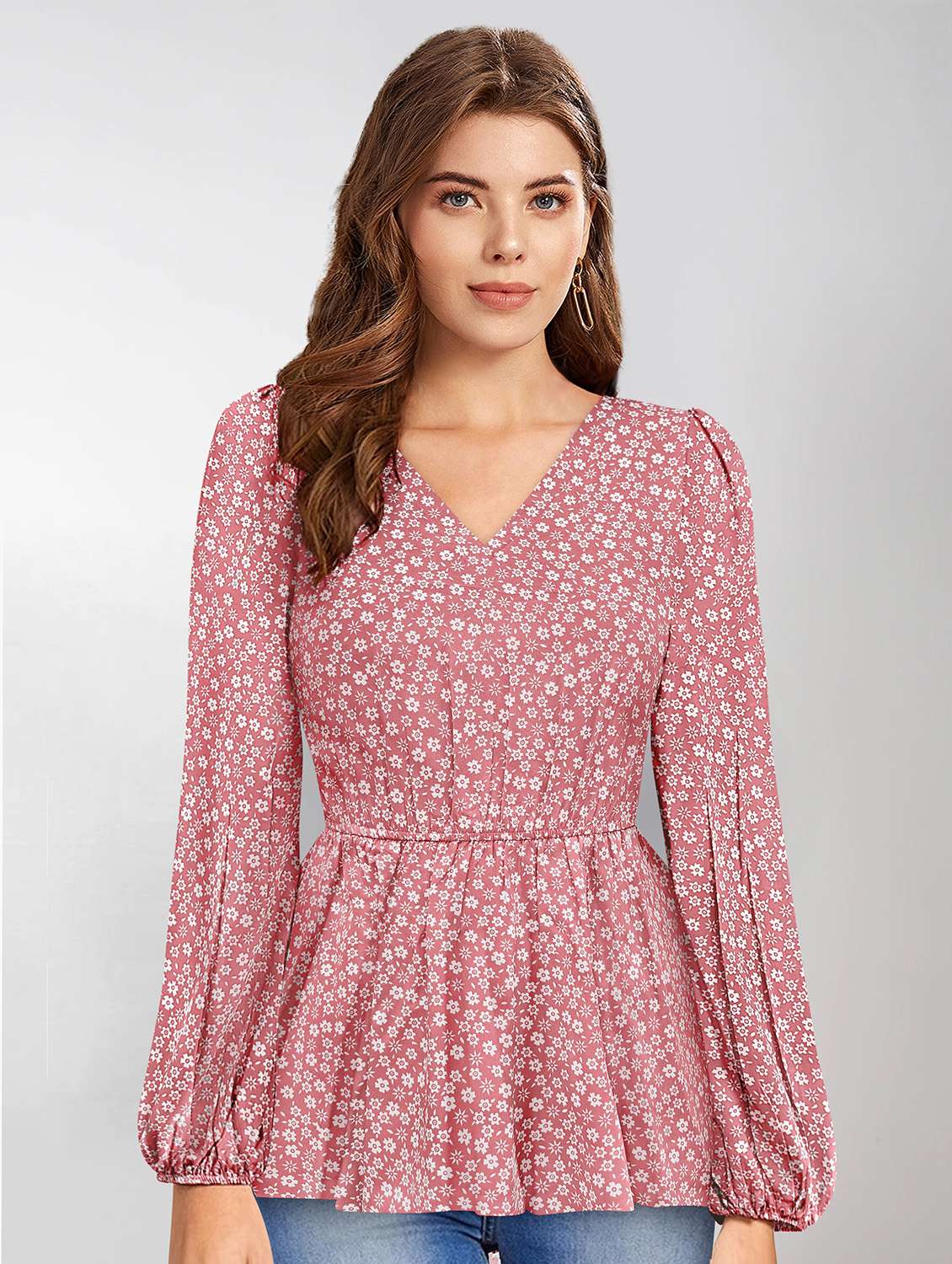 peach floral printed peplum top