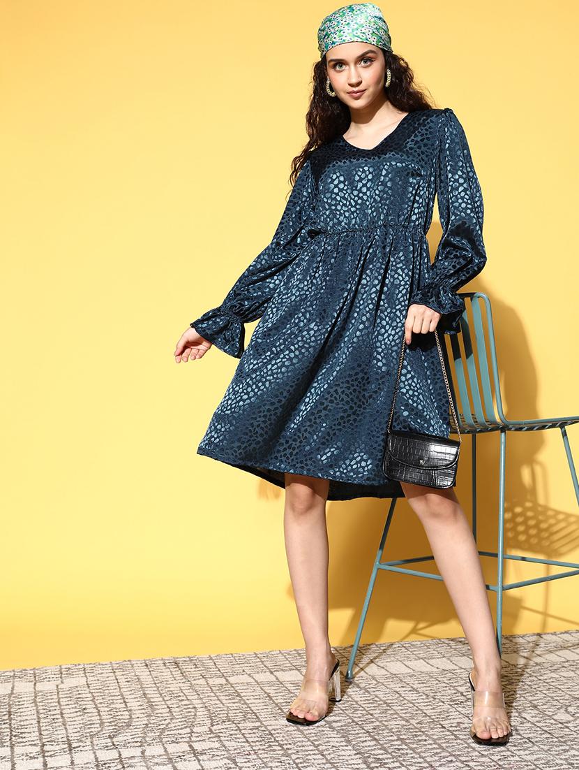 teal blue self design fit & flare dress - 20644614 -  Zoom Image - 0