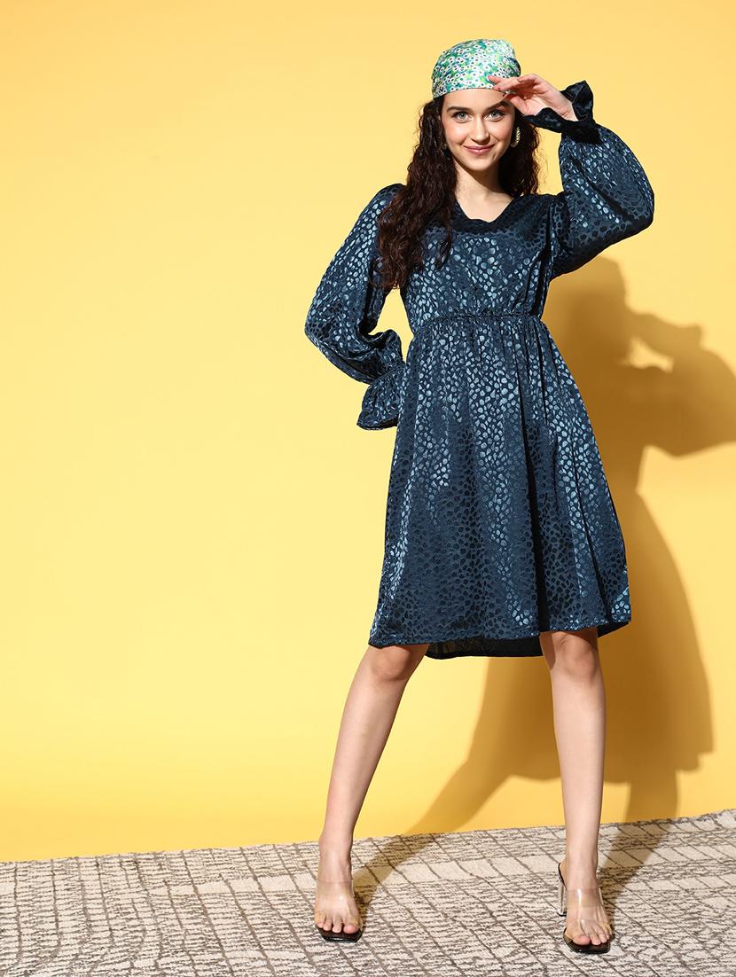 teal blue self design fit & flare dress - 20644614 - Standard Image - 3