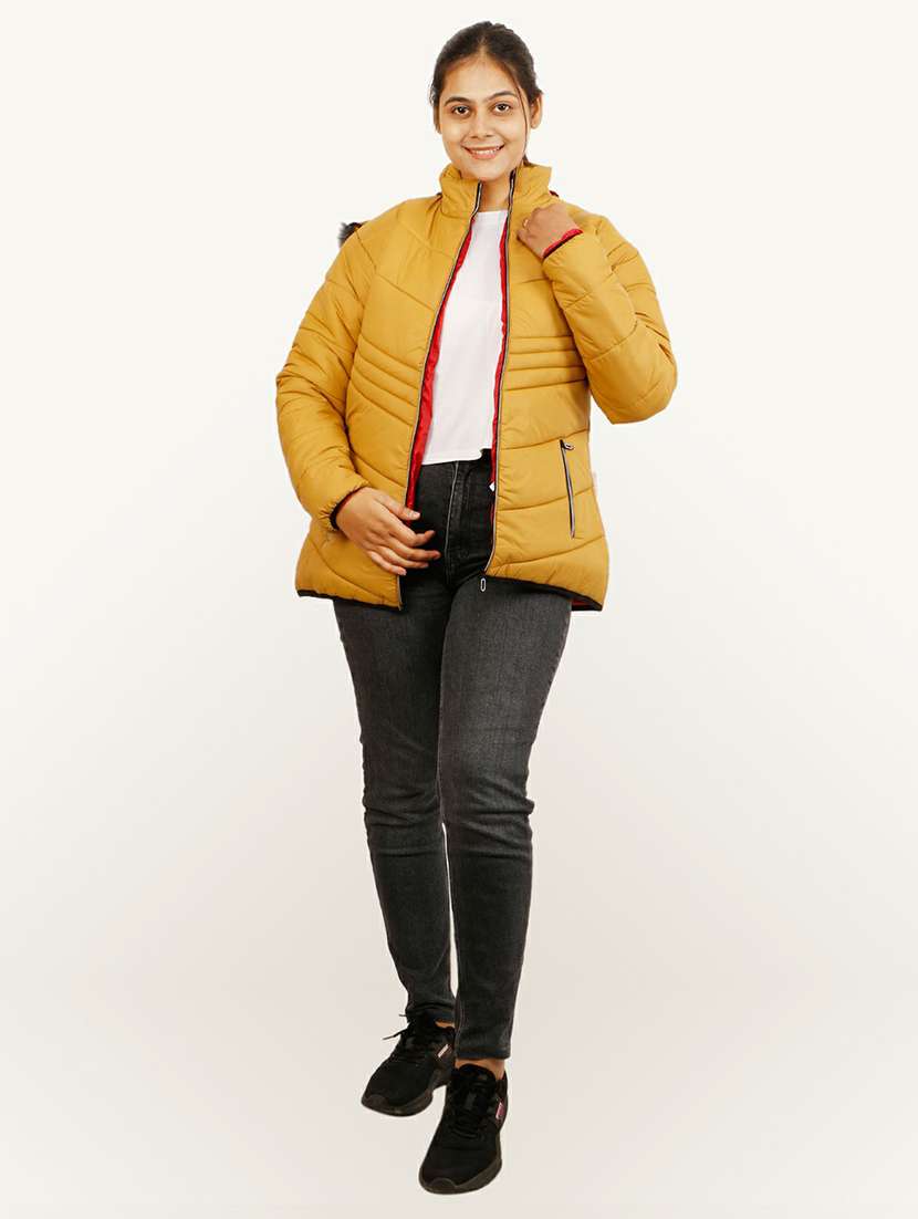 women mustard solid hooded quilted jacket - 20644912 - Standard Image - 3