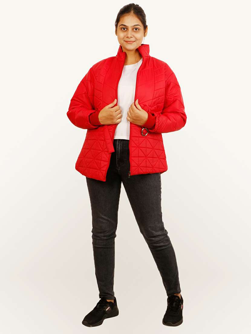 women red solid hooded quilted jacket - 20644917 - Standard Image - 3