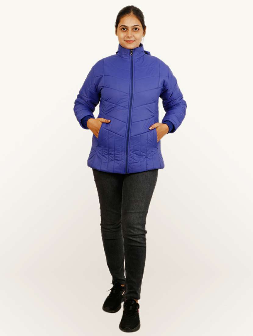 women blue solid hooded quilted jacket - 20644918 -  Standard Image - 3