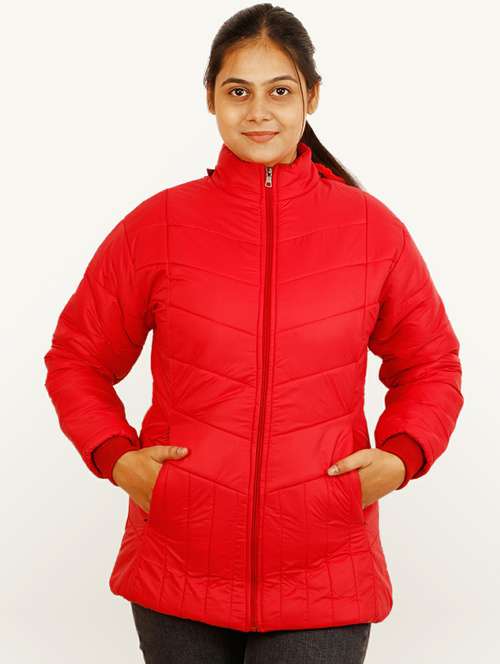 women red solid hooded quilted jacket - 20644921 - Standard Image - 0