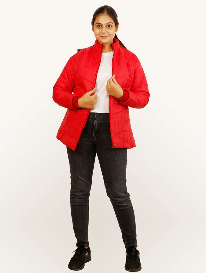 women red solid hooded quilted jacket - 20644921 - Standard Image - 3