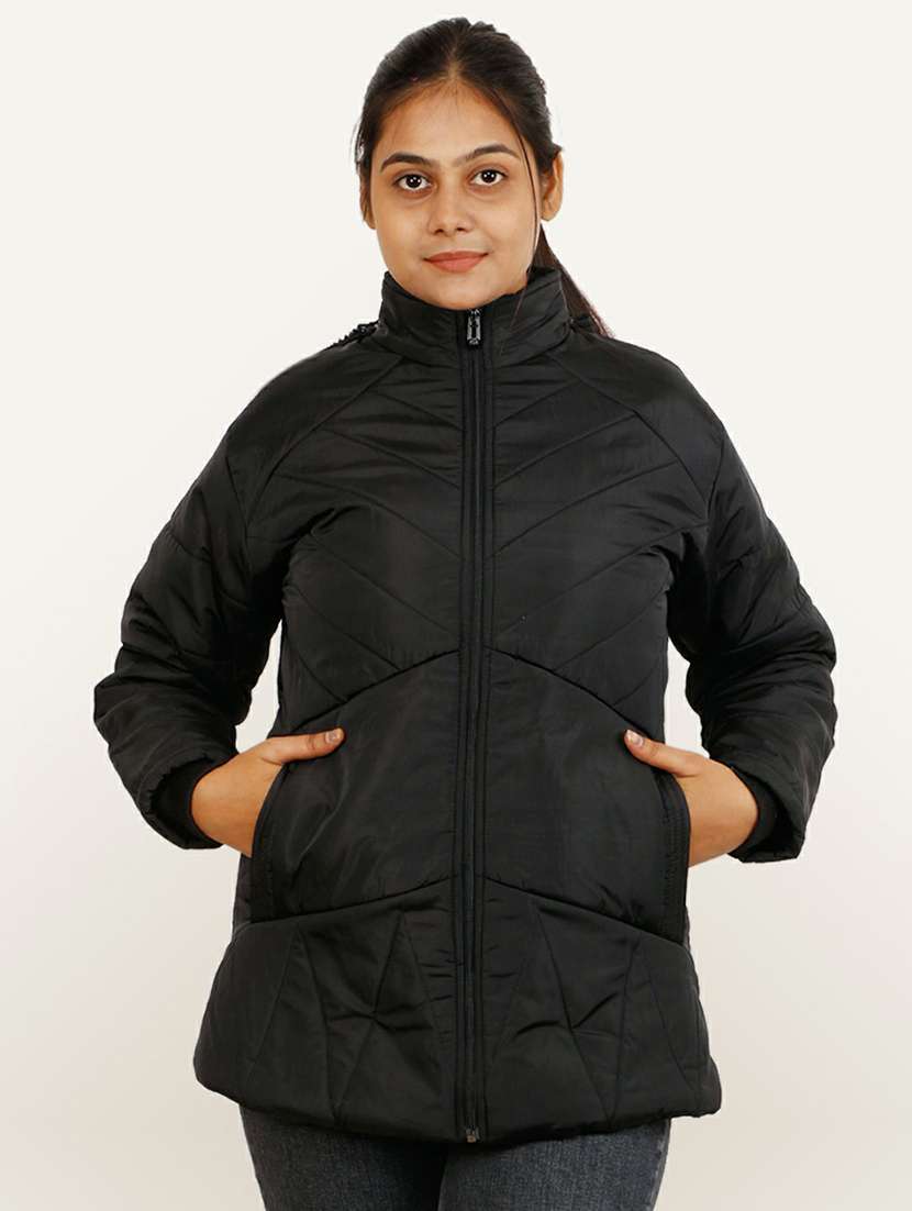 women black solid hooded quilted jacket - 20644923 - Zoom Image - 0