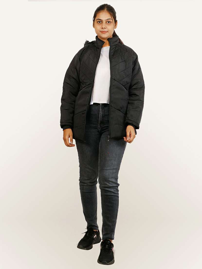 women black solid hooded quilted jacket - 20644923 - Standard Image - 3