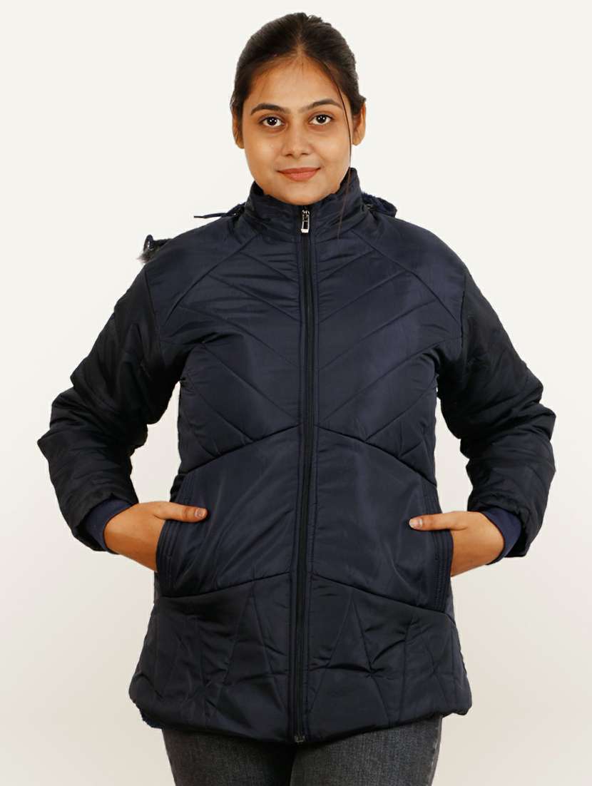 women navy blue solid hooded quilted jacket - 20644924 - Zoom Image - 0