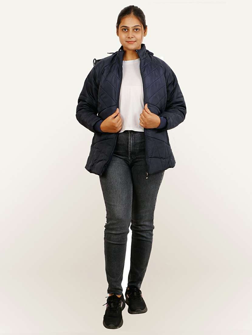 women navy blue solid hooded quilted jacket - 20644924 - Standard Image - 3