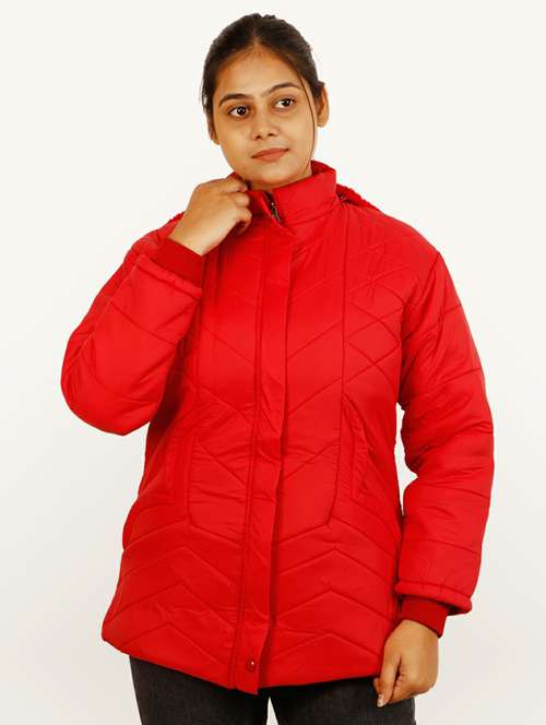 women red solid hooded quilted jacket - 20644925 - Standard Image - 0