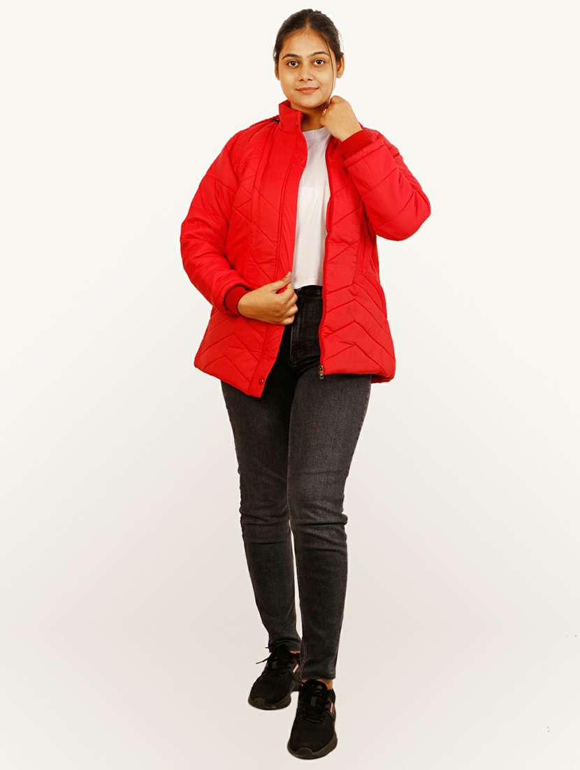 women red solid hooded quilted jacket - 20644925 - Standard Image - 3