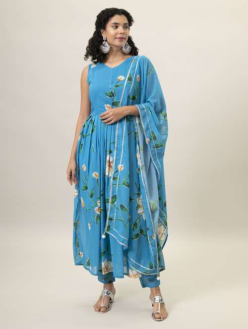light blue kurta pant set with dupatta - 20645931 - Standard Image - 0