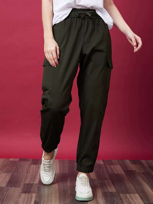 globus women olive mid-rise elasticated drawstring waist cargo joggers - 20646071 - Standard Image - 0
