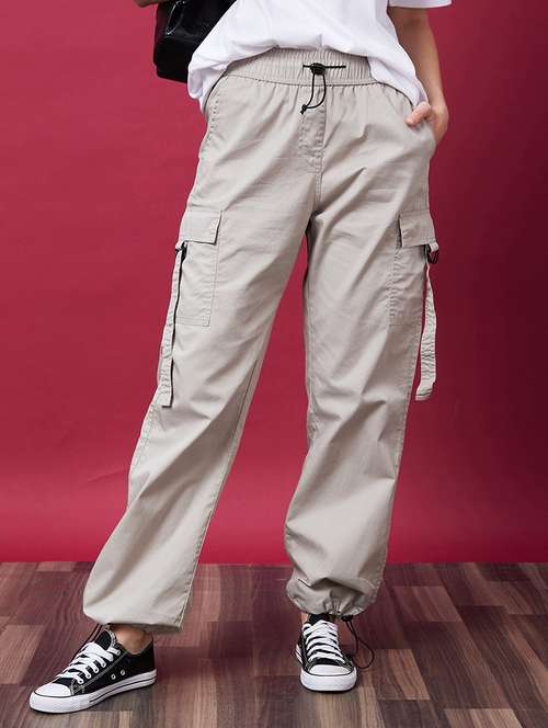 globus women steel grey mid-rise elasticated drawstring waist cargo joggers - 20646075 -  Standard Image - 0