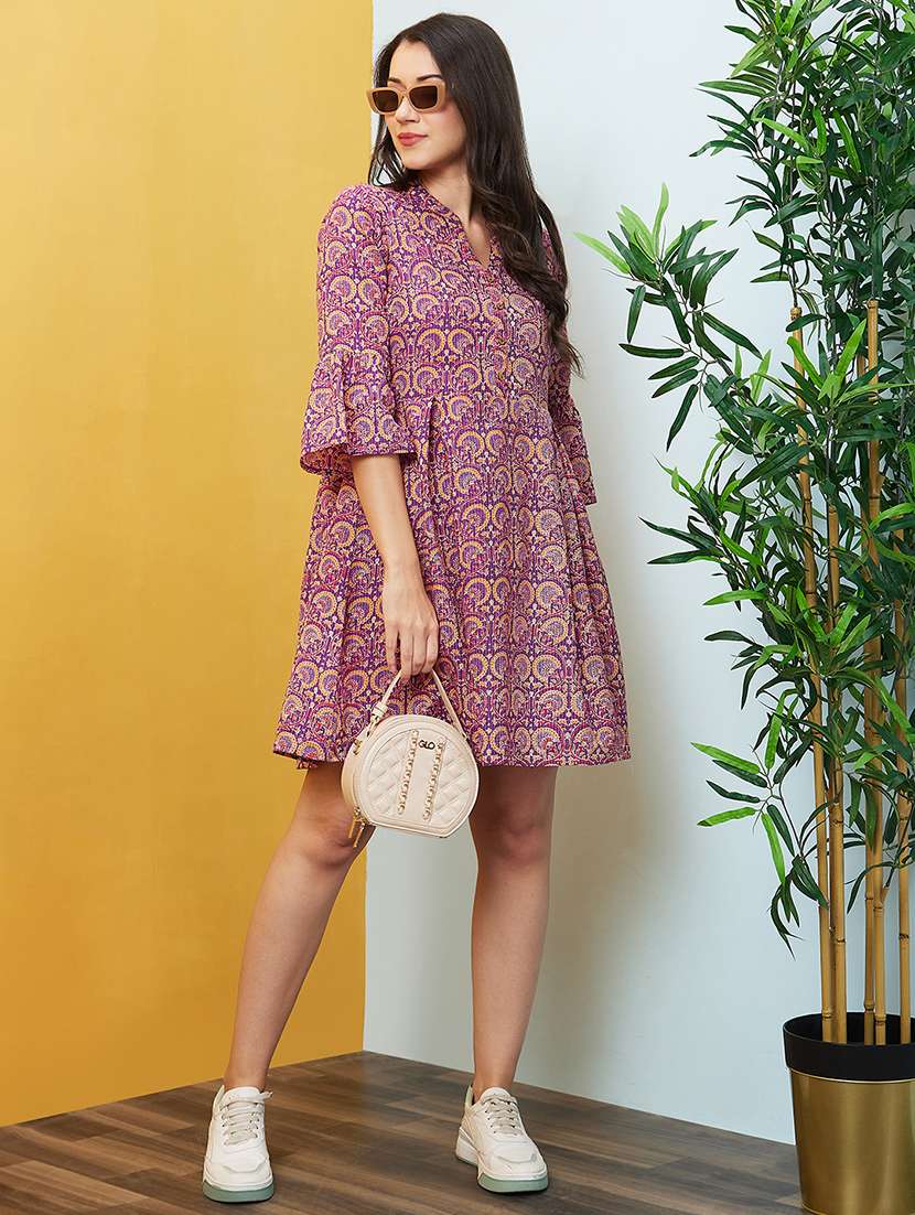women bell sleeved printed a-line dress - 20646079 -  Zoom Image - 0