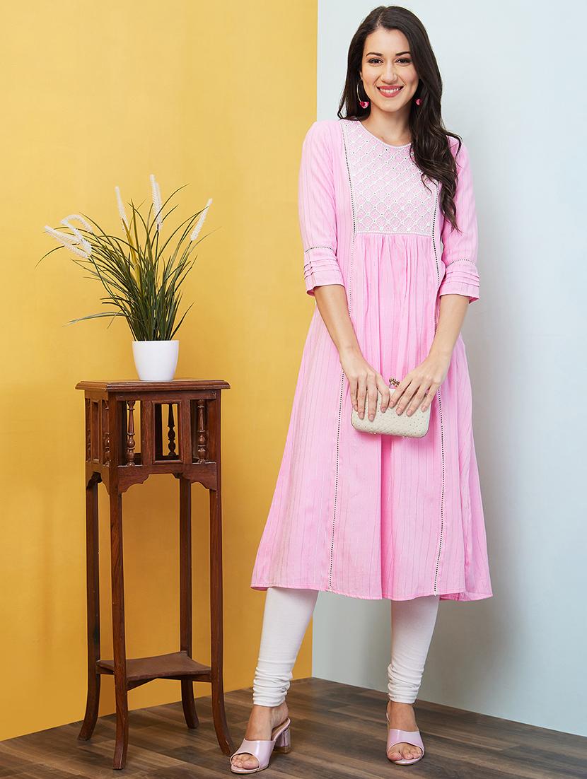 pink embroidered a-line kurta