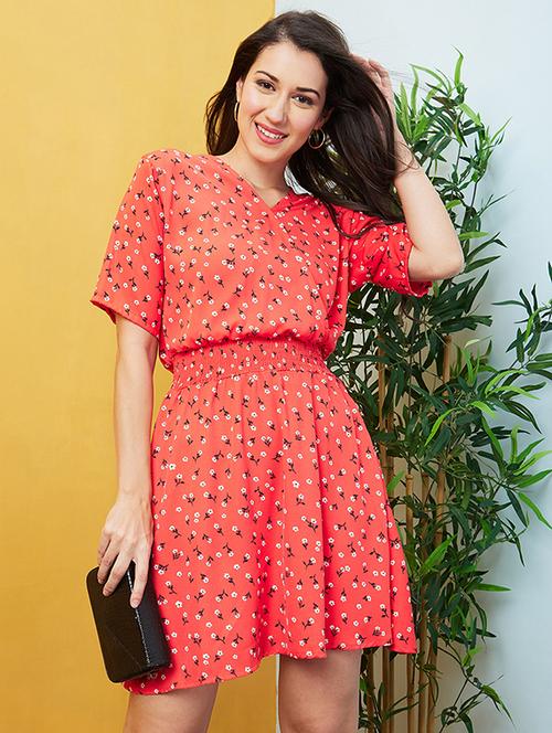 red floral printed fit & flare dress - 20646093 - Standard Image - 0